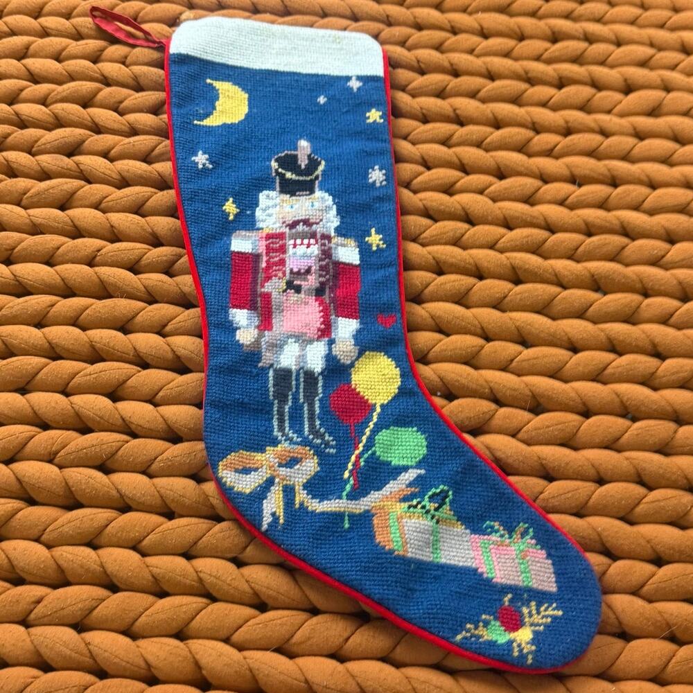 Vintage Needlepoint Christmas Stocking Nutcracker Blue Red Presents